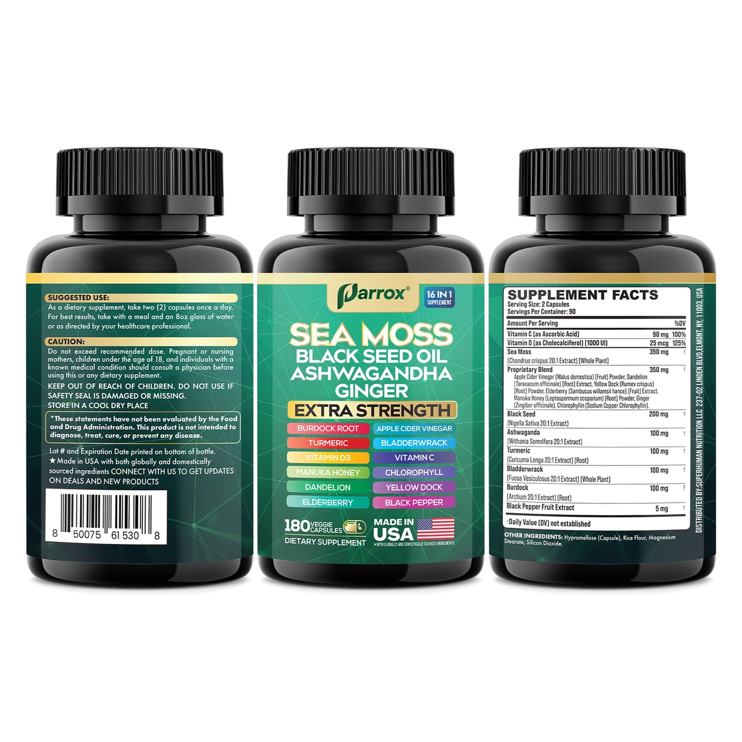 Parrox Sea Moss 16-in-1 Capsules – Sea Moss, Black Seed Oil & More (180 Caps)