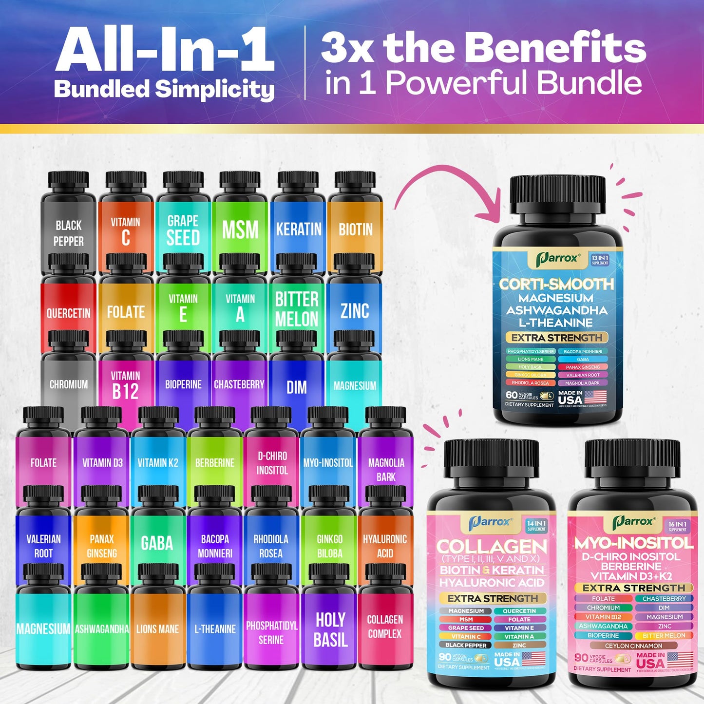 Parrox She Shines Set – Collagen Peptides, Cortisol Support & Inositol Bundle