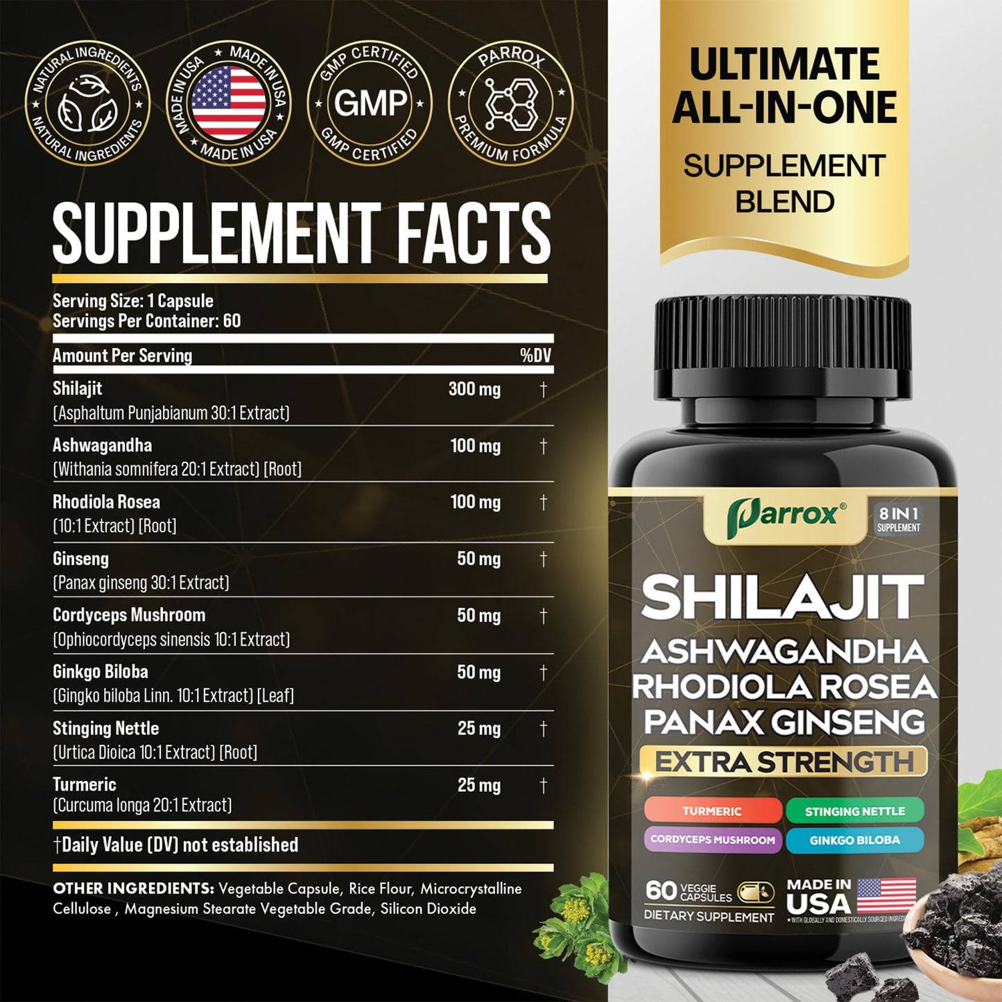 Parrox Shilajit Supplement – 8-in-1 All-in-One Capsules (60 Caps)
