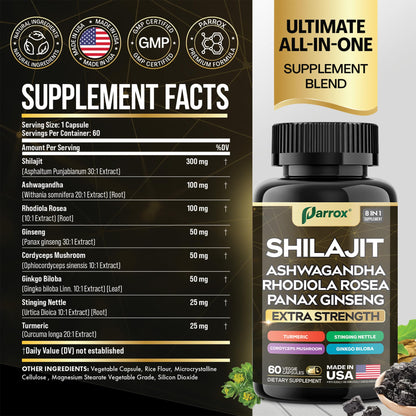 Parrox Shilajit Supplement – 8-in-1 All-in-One Capsules (60 Caps)