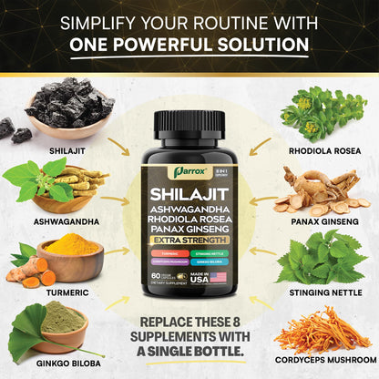 Parrox Shilajit 8-in-1 Supplement – 120 Caps with Panax Ginseng, Ashwagandha, Rhodiola, Turmeric, Ginkgo Biloba, Cordyceps
