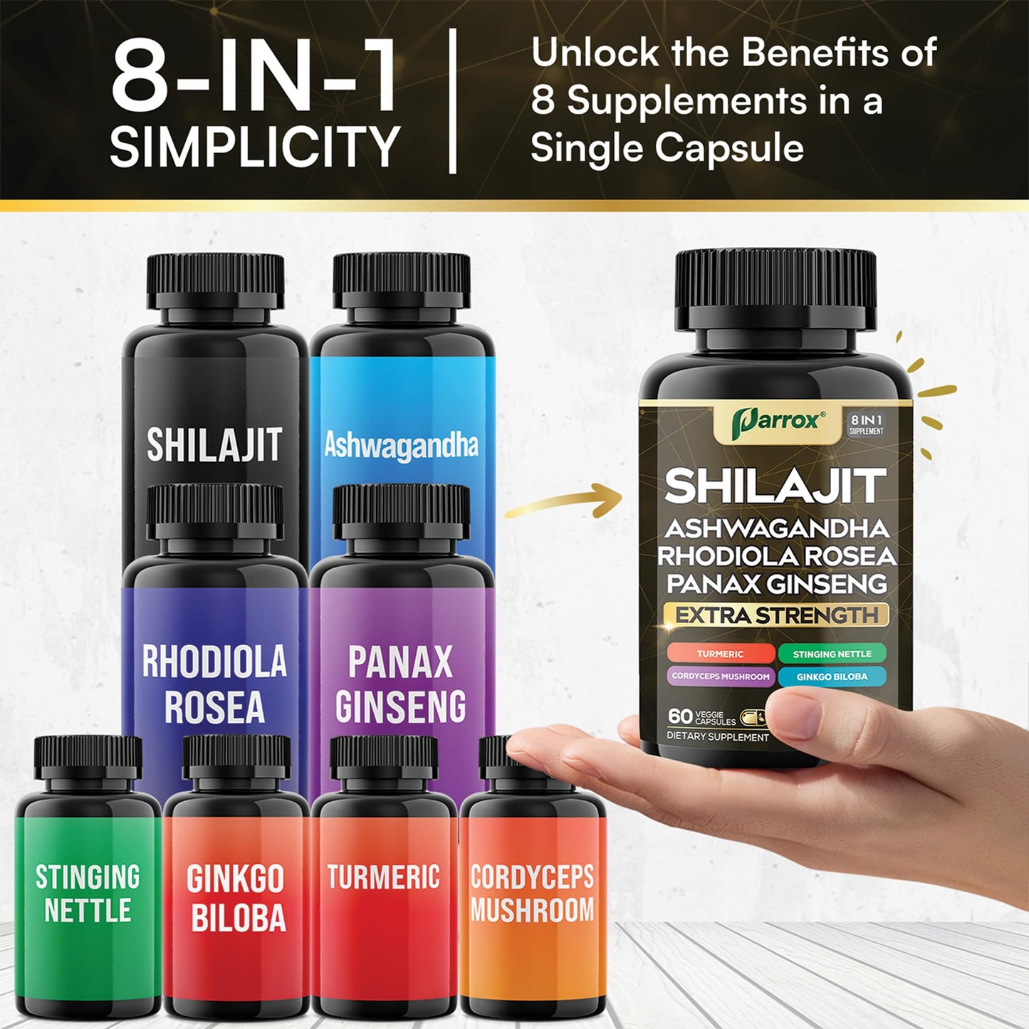 Parrox Shilajit 8-in-1 Supplement – 120 Caps with Panax Ginseng, Ashwagandha, Rhodiola, Turmeric, Ginkgo Biloba, Cordyceps