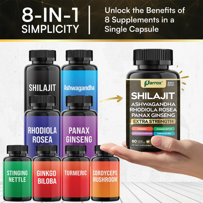 Parrox Shilajit 8-in-1 Supplement – 120 Caps with Panax Ginseng, Ashwagandha, Rhodiola, Turmeric, Ginkgo Biloba, Cordyceps