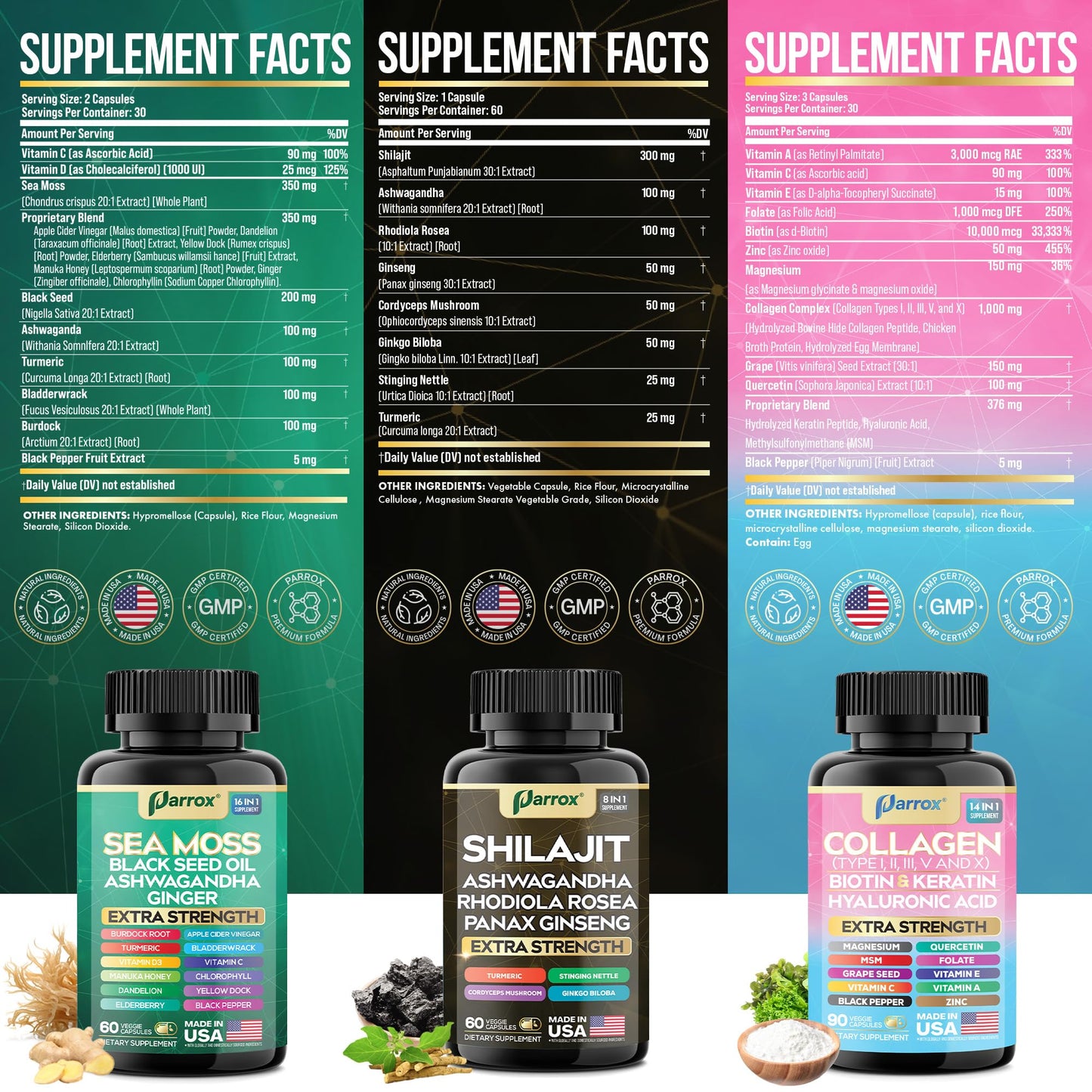 Parrox Ultimate Wellness Trio – Sea Moss, Black Seed Oil & Collagen | 3-in-1 Capsule Bundle
