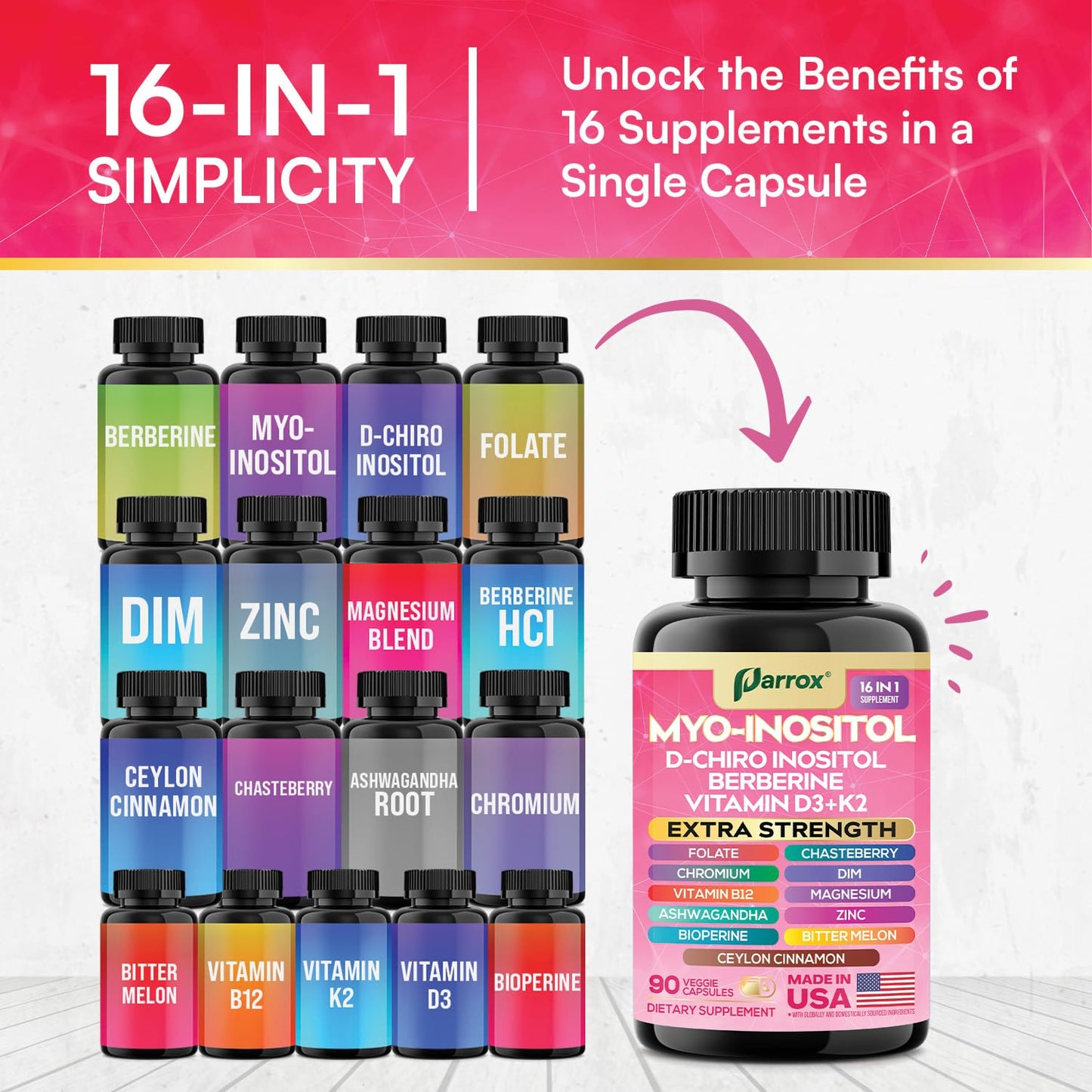 Parrox Myo-Inositol 16-in-1 Supplement – 2 Pack with D-Chiro Inositol, Berberine, D3 + K2