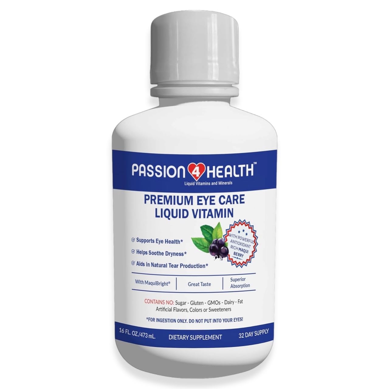 Passion 4 Health Liquid Eye Vitamins – Maqui Berry Eye Care (Gluten-Free, Non-GMO, No Sugar) – Made in USA