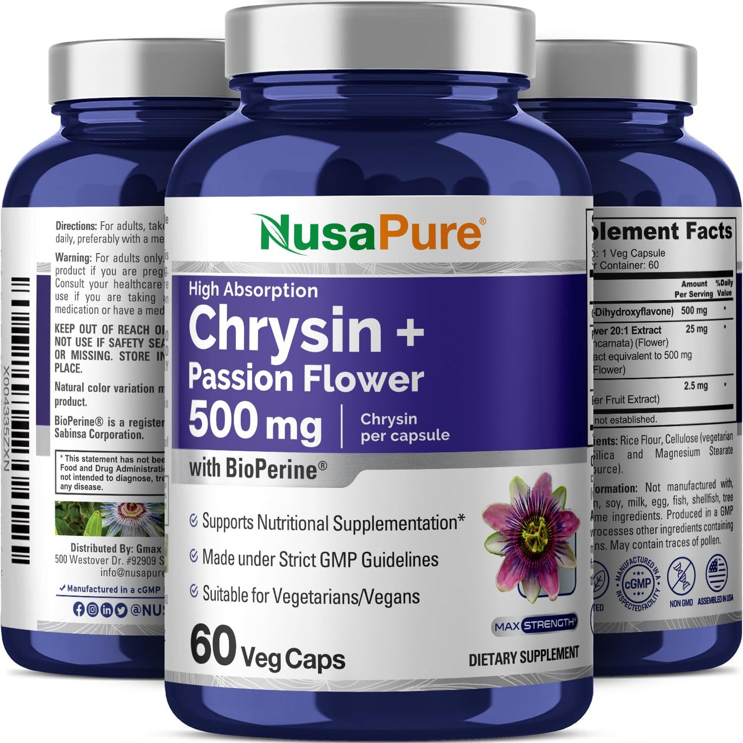 NusaPure Chrysin 500mg – 60 Veggie Capsules | Passion Flower Complex | Non-GMO + Bioperine | Pack of 2