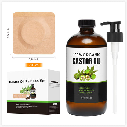 60 Pcs Castor Oil Pack Kit – Self-Adhesive Patches + 8oz Organic Castor Oil