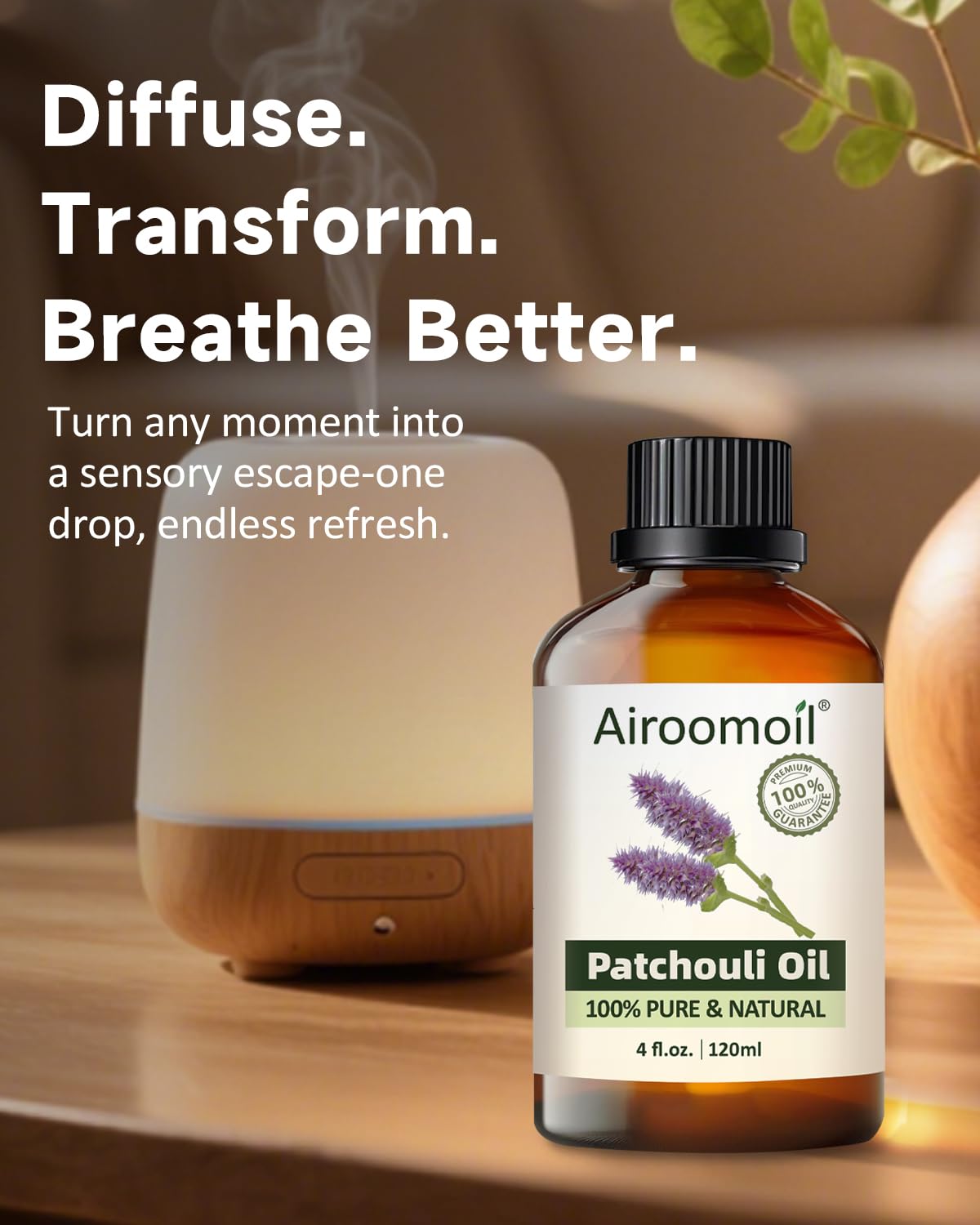 Airoomoil Pure Patchouli Essential Oil — 100% Natural, Premium Grade (4 oz / 120 ml)