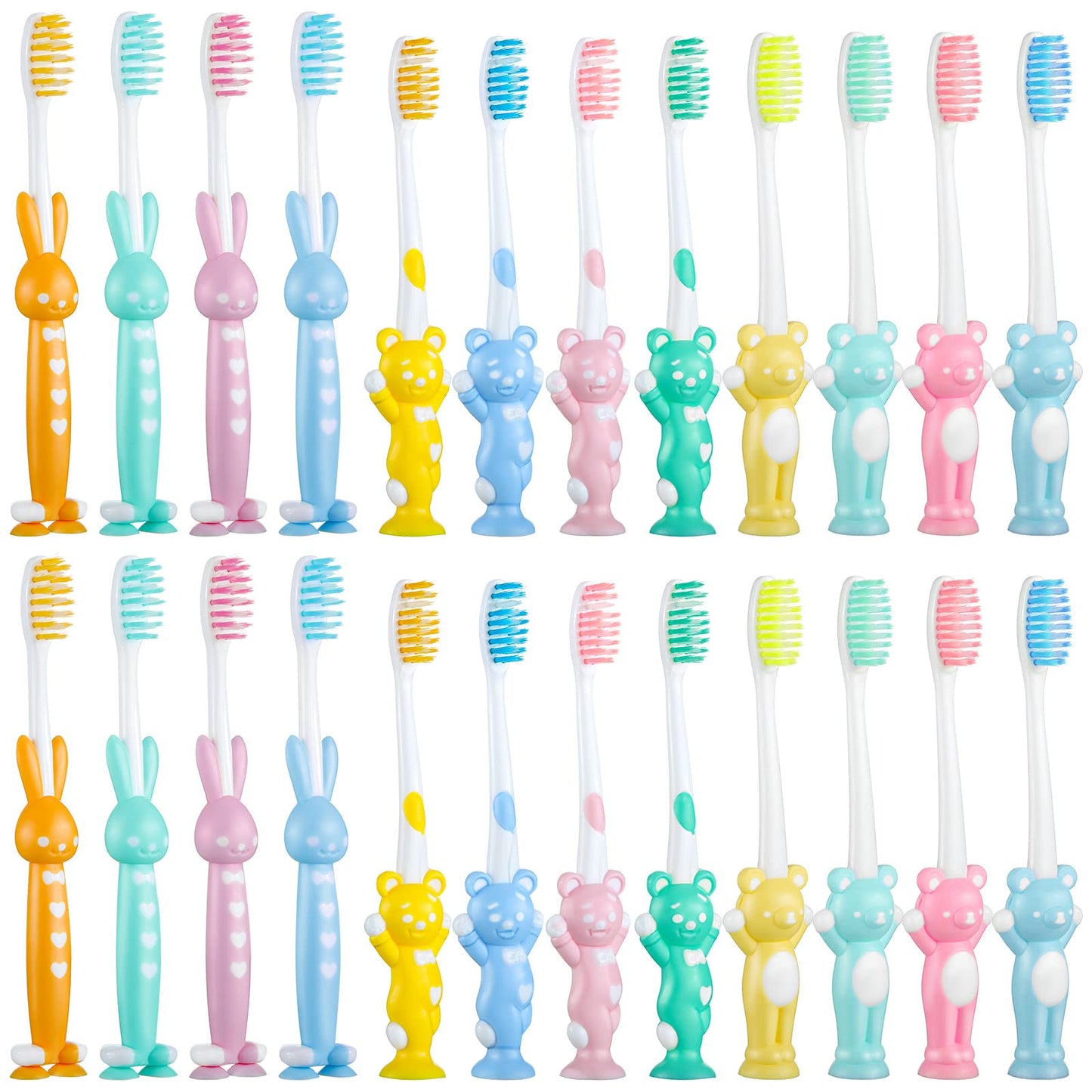 Patelai 24 Pcs Toddler Toothbrush Set for Ages 2+ | Soft Bristles, Suction Cup Storage, Rabbits & Bears