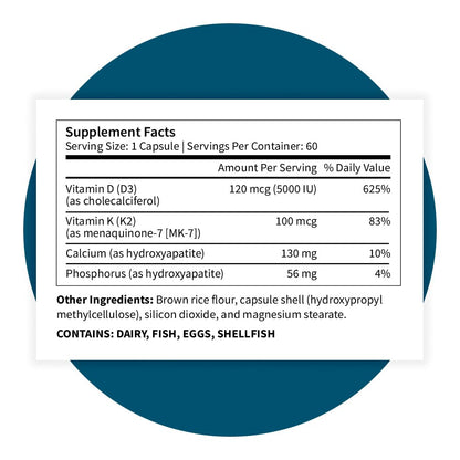 Pattern Wellness Vitamin K2 and D3 with Calcium - Bone Health, Circulatory & Immune Support - Non-GMO - 60 Capsules