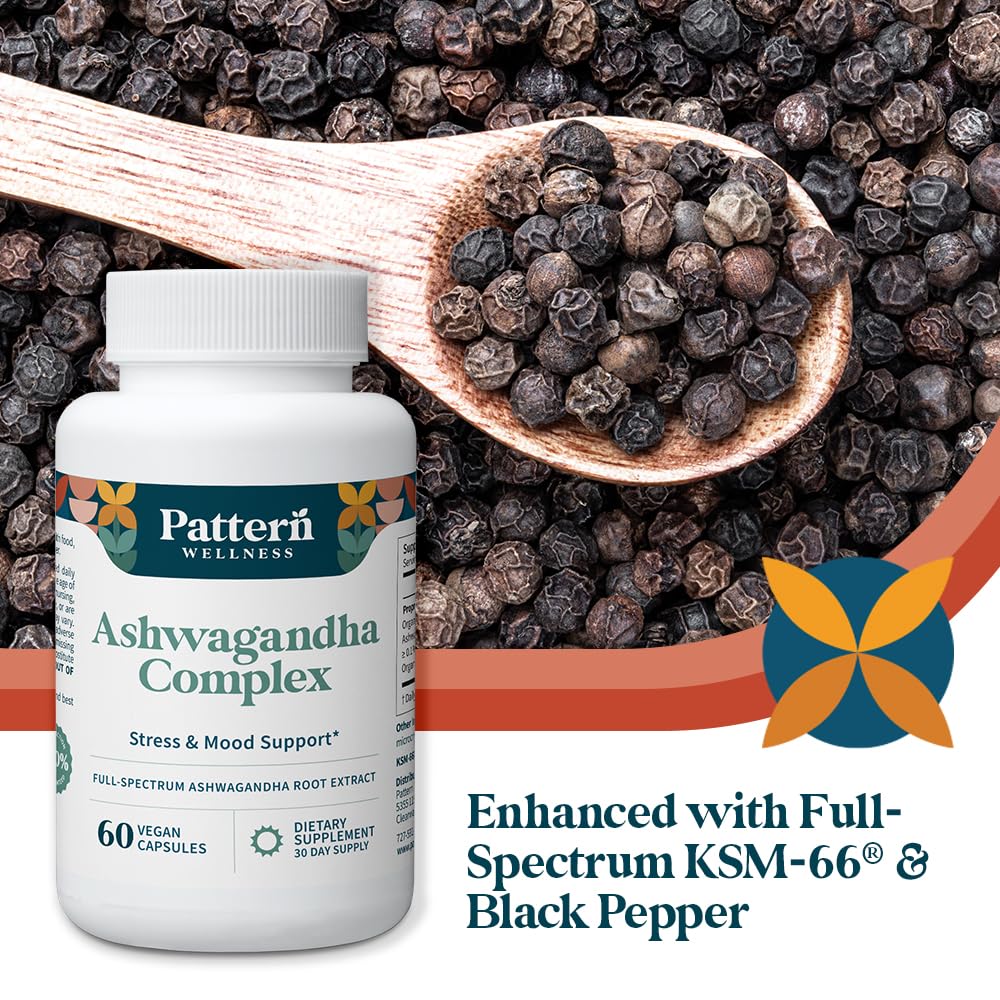 Pattern Wellness Ashwagandha Complex - Organic KSM-66 & Black Pepper - Stress Response & Energy Balance - 360 Vegan Capsules