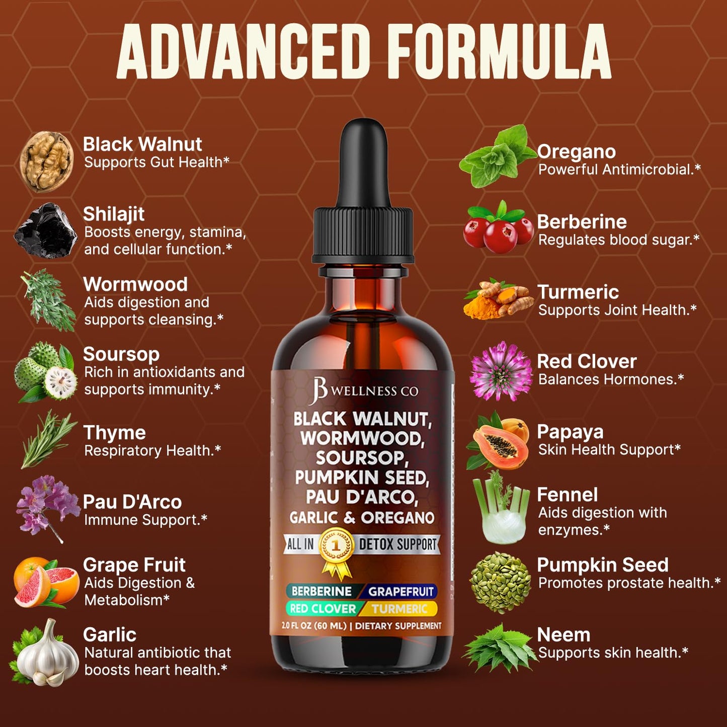 Wormwood Black Walnut Cleanse Drops – 4 oz with Soursop, Garlic, Pau D'Arco