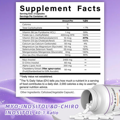 13-in-1 Myo-Inositol & D-Chiro Inositol for Women – PCOS, Hormonal Balance, 40:1 Ratio, 120 Veg Caps