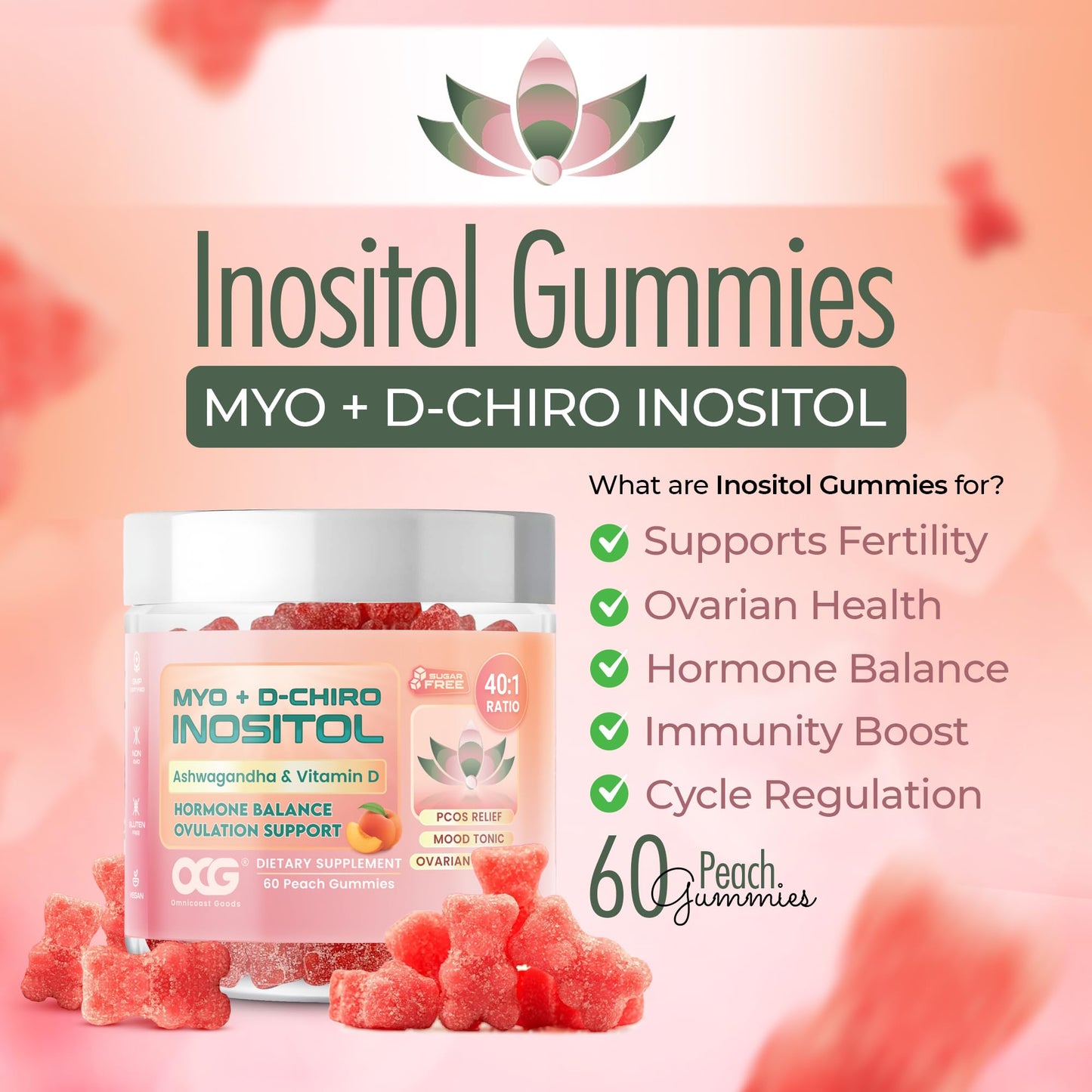 Myo-Inositol & D-Chiro Inositol Gummies with Ashwagandha - PCOS Support (40:1) 120 Gummies