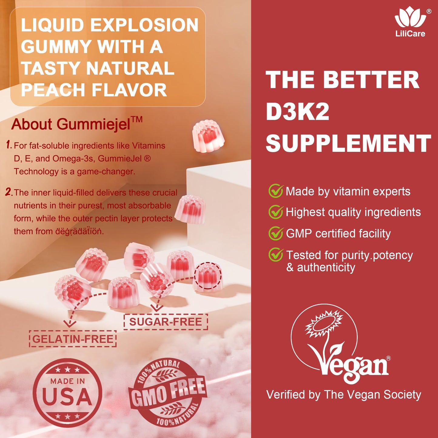 LILICARE Vitamin D3 K2 Filled Gummies – Vegan, Ultra-Strength D3/K2 with Calcium & Magnesium, Pack of 2