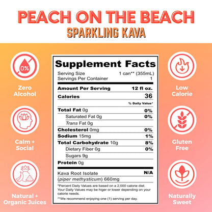 Peach on the Beach Kava Seltzer – Gluten-Free, Vegan, Low-Calorie | 12 oz Cans (4-Pack)