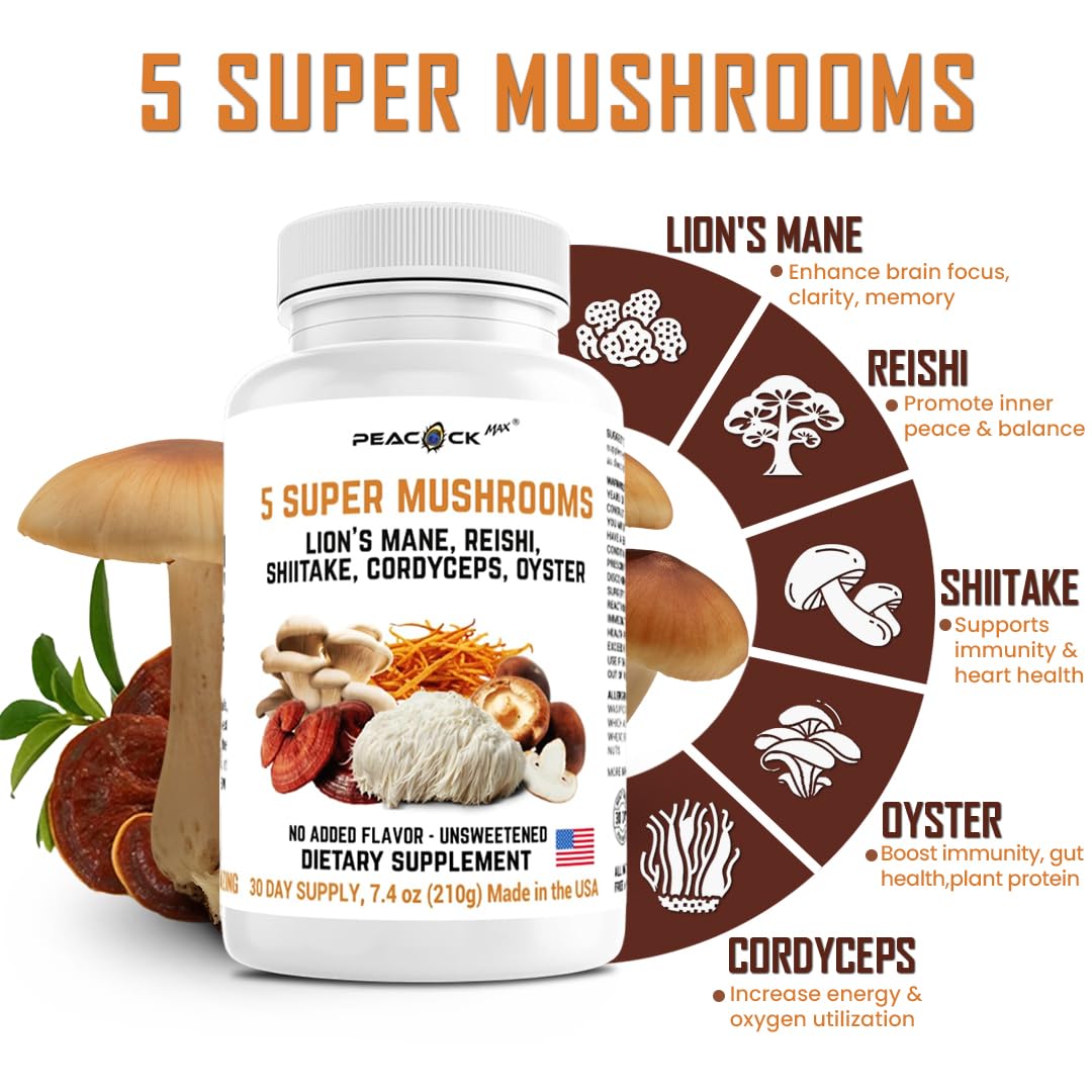 Peacock Max 5 Mushrooms - 180 Count | Lion's Mane, Reishi, Shiitake, Cordyceps & Oyster