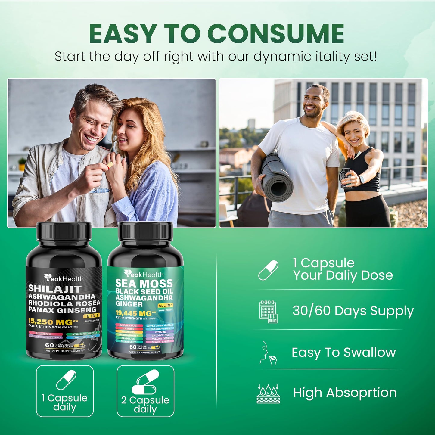 Peakhealth Shilajit Sea Moss & Black Seed Oil Capsules – 2 Bottle Combo (60 Capsules Each)