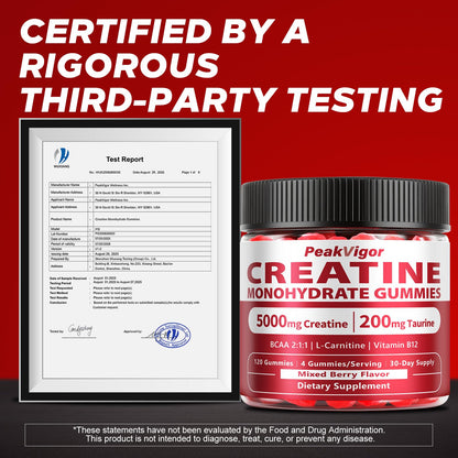 PeakVigor Organics Creatine Gummies – 5000MG Monohydrate, Sugar Free, 120 Gummies