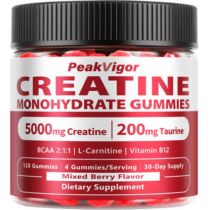 PeakVigor Organics Creatine Gummies 5000mg for Women & Men – Vegan, Sugar-Free, 120 Gummies