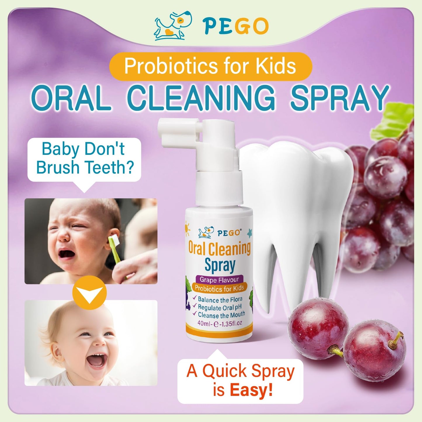 PEGO Kids Oral Spray - Fluoride-Free Toddler Care, Grape Flavor (40ml) | Newborn to Preschoolers