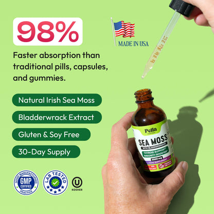 Pella Nutrition Sea Moss Drops with Bladderwrack – 4X Faster Absorption | Digestive & Immune Support | Strawberry Lime 60mL