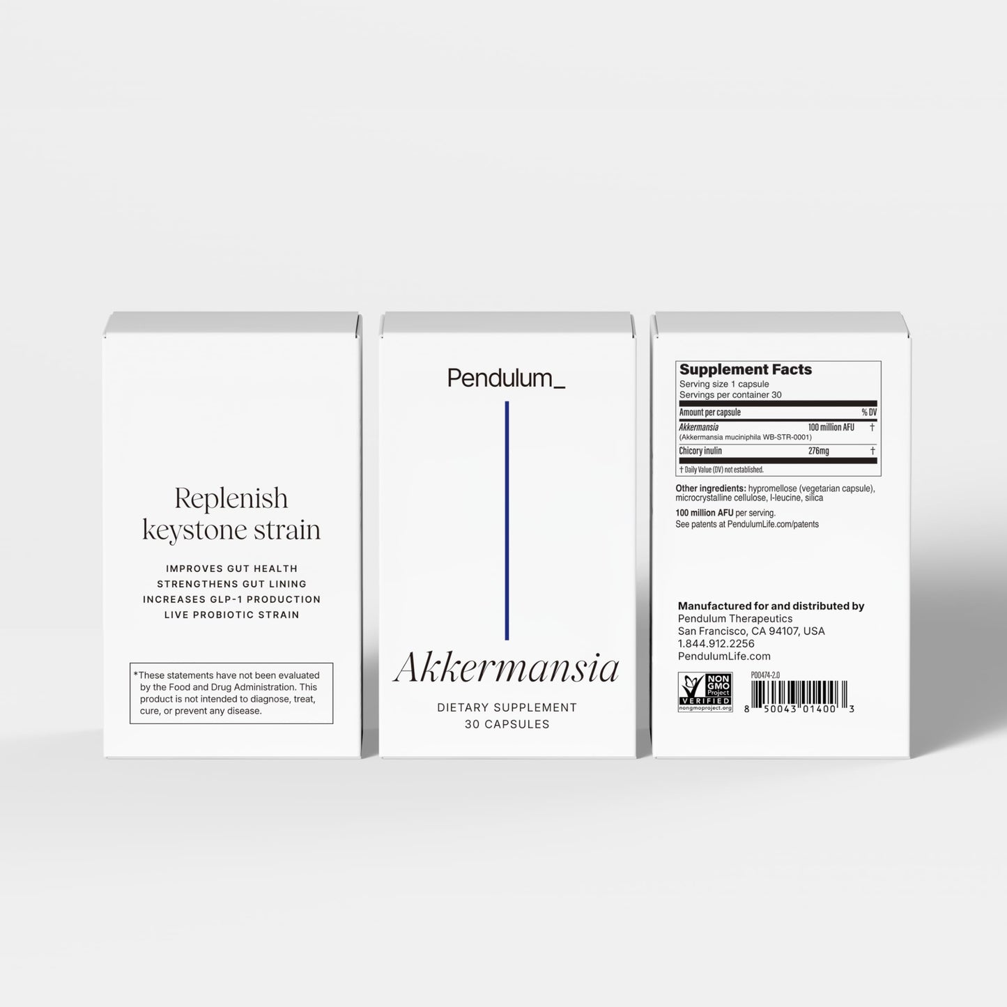 Pendulum Akkermansia Probiotic with Prebiotic Fiber – 100M AFU, Delayed Release, 30 Capsules