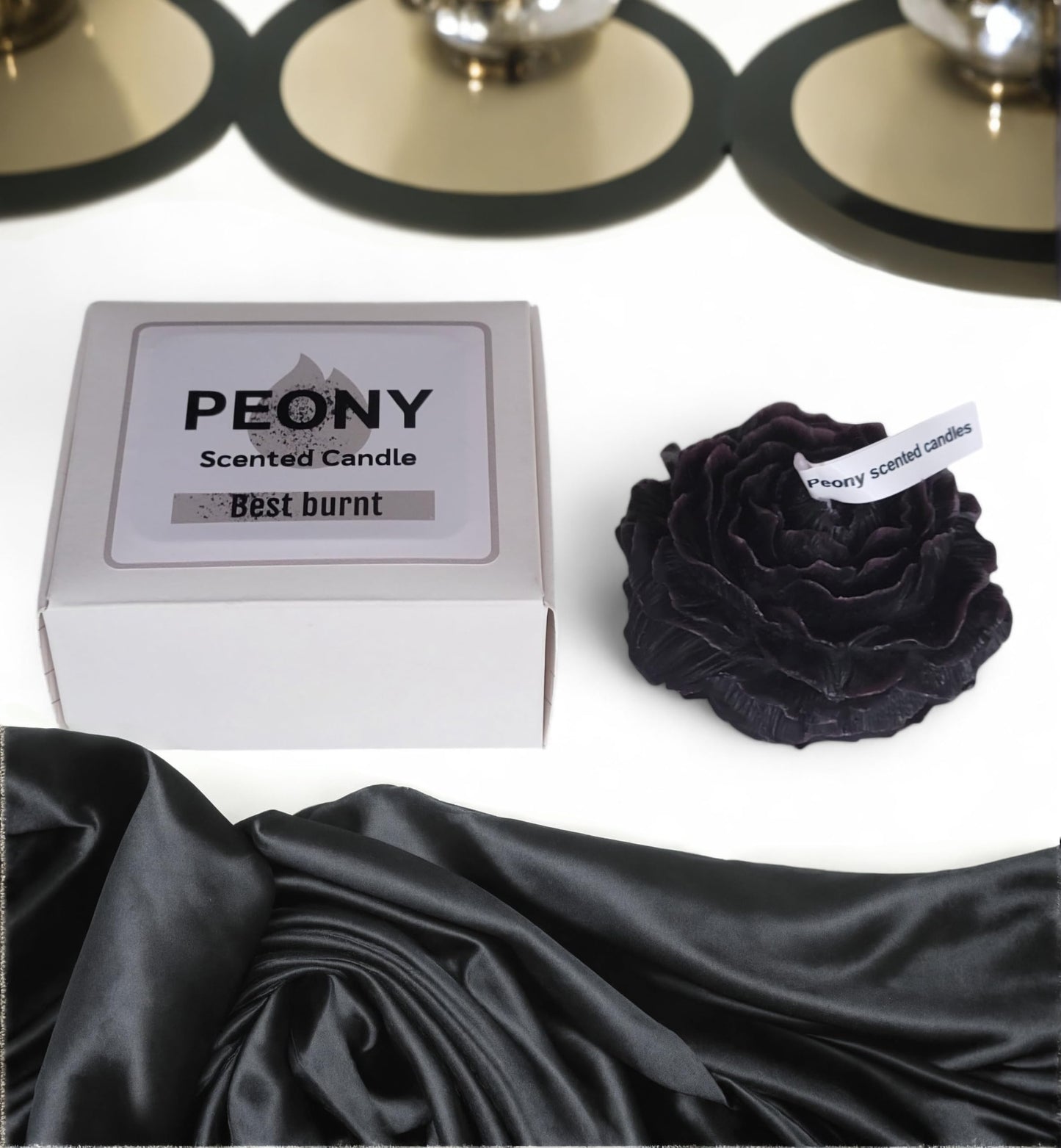 Peony Flower Shaped Candle | Scented Soy Wax Blend, Aromatherapy Gift (Black)