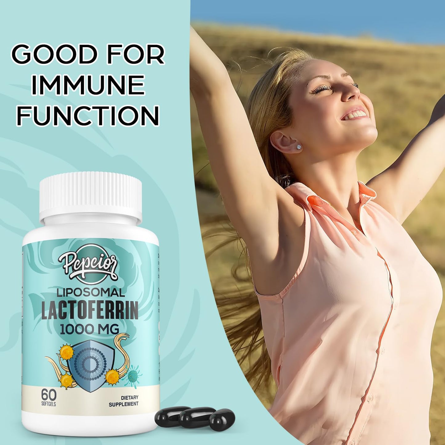 Pepeior Liposomal Bovine Lactoferrin 1000 mg – 60 Softgels (2 Bottles) | Iron Absorption & Immunity