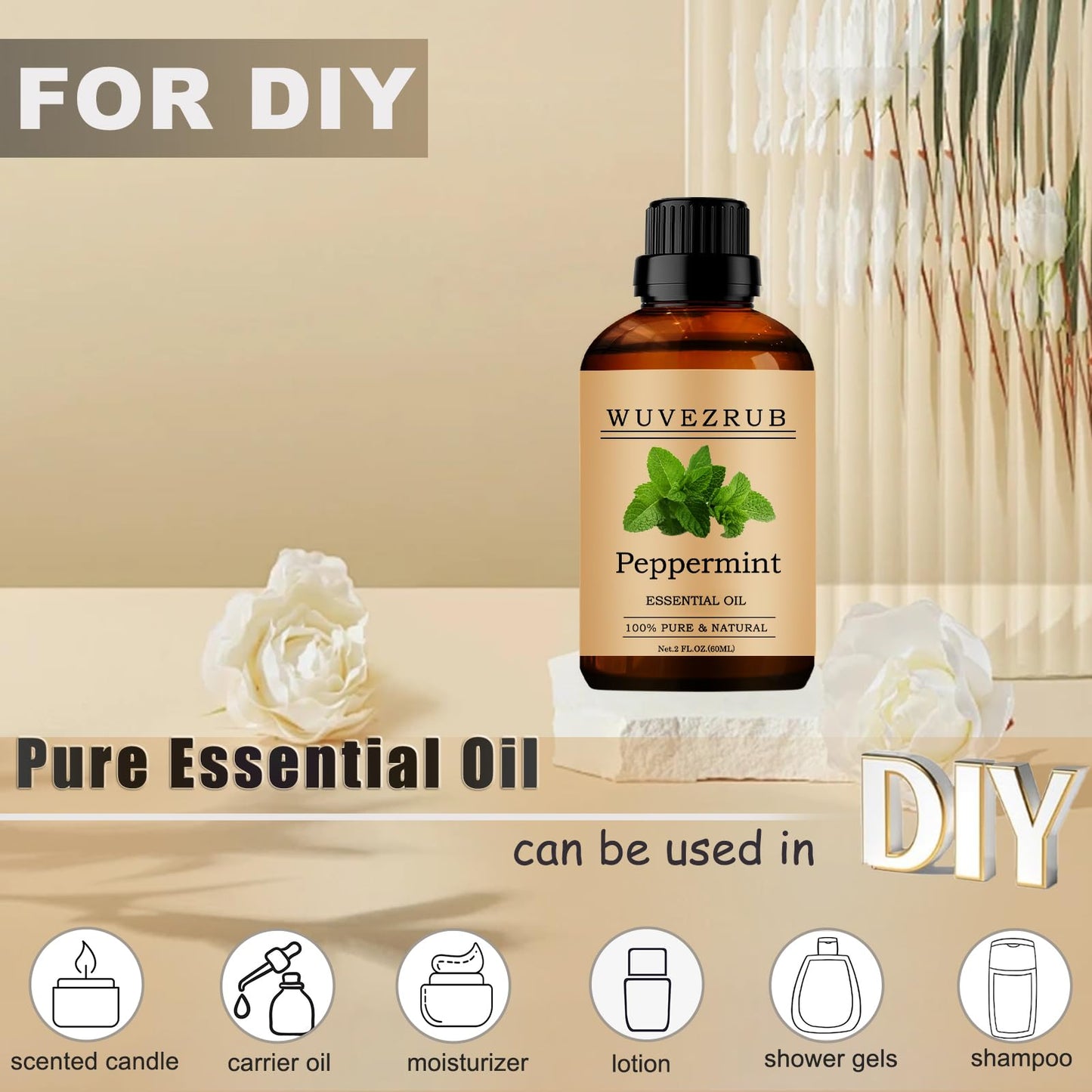 Peppermint Essential Oil 60ml | 100% Pure & Natural for Aromatherapy Diffuser - 2 Fl Oz