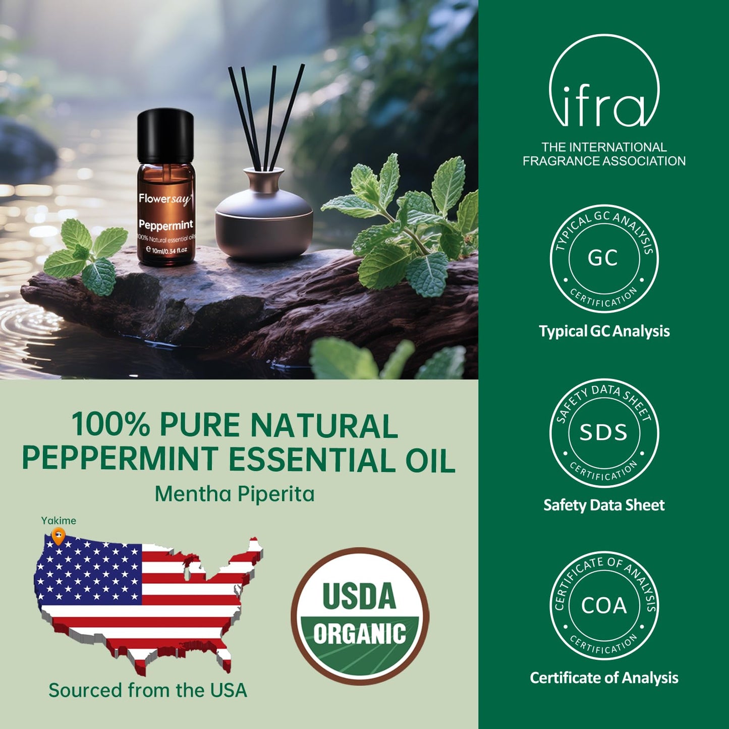 100% Pure Peppermint Essential Oil – USDA Organic, 0.34 Fl Oz | Diffuser, Hair & Skin