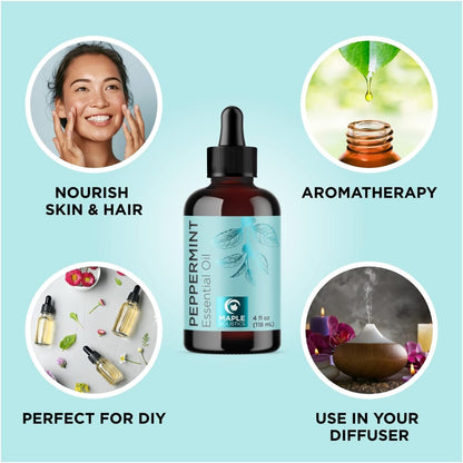 Peppermint Essential Oil for Diffusers – 4oz | 100% Pure Mint Oil for Hair, Skin & Nails