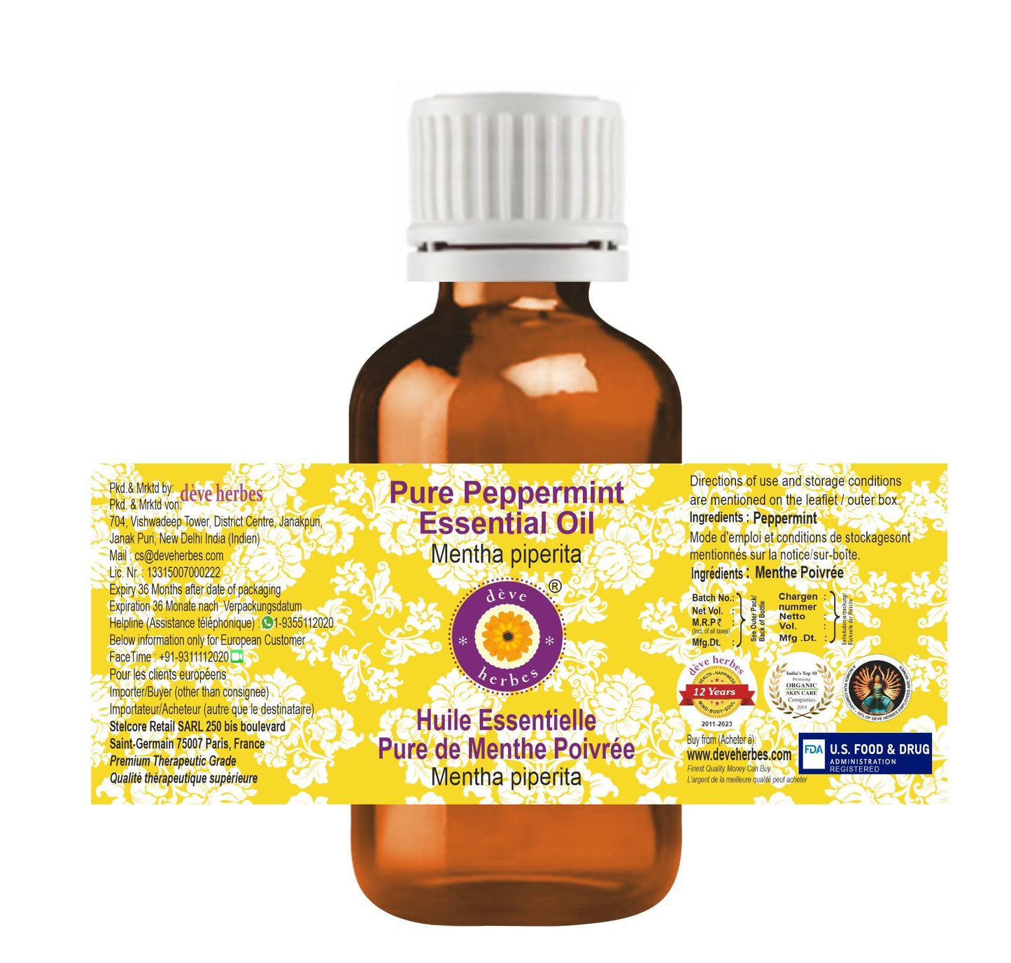 Deve Herbes Pure Peppermint Essential Oil (Mentha piperita) 30ml | Steam Distilled