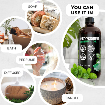Peppermint Essential Oil 16oz – Organic, Diffuser Aromatherapy, Hair Growth, Skin, Soap Making & Laundry