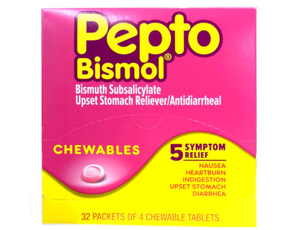 Pepto Bismol Chewables Dispenser – 32 Packs of 4 | Quick Digestive Relief & Symptom Support