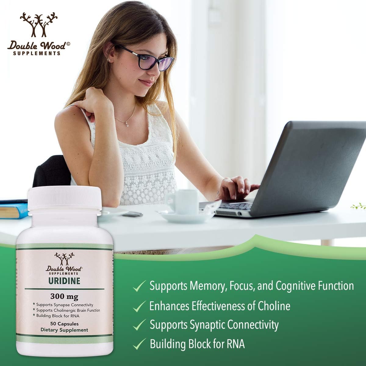Uridine Monophosphate 300mg – Third-Party Tested (Choline Enhancer) | Double Wood (Pack of 2)