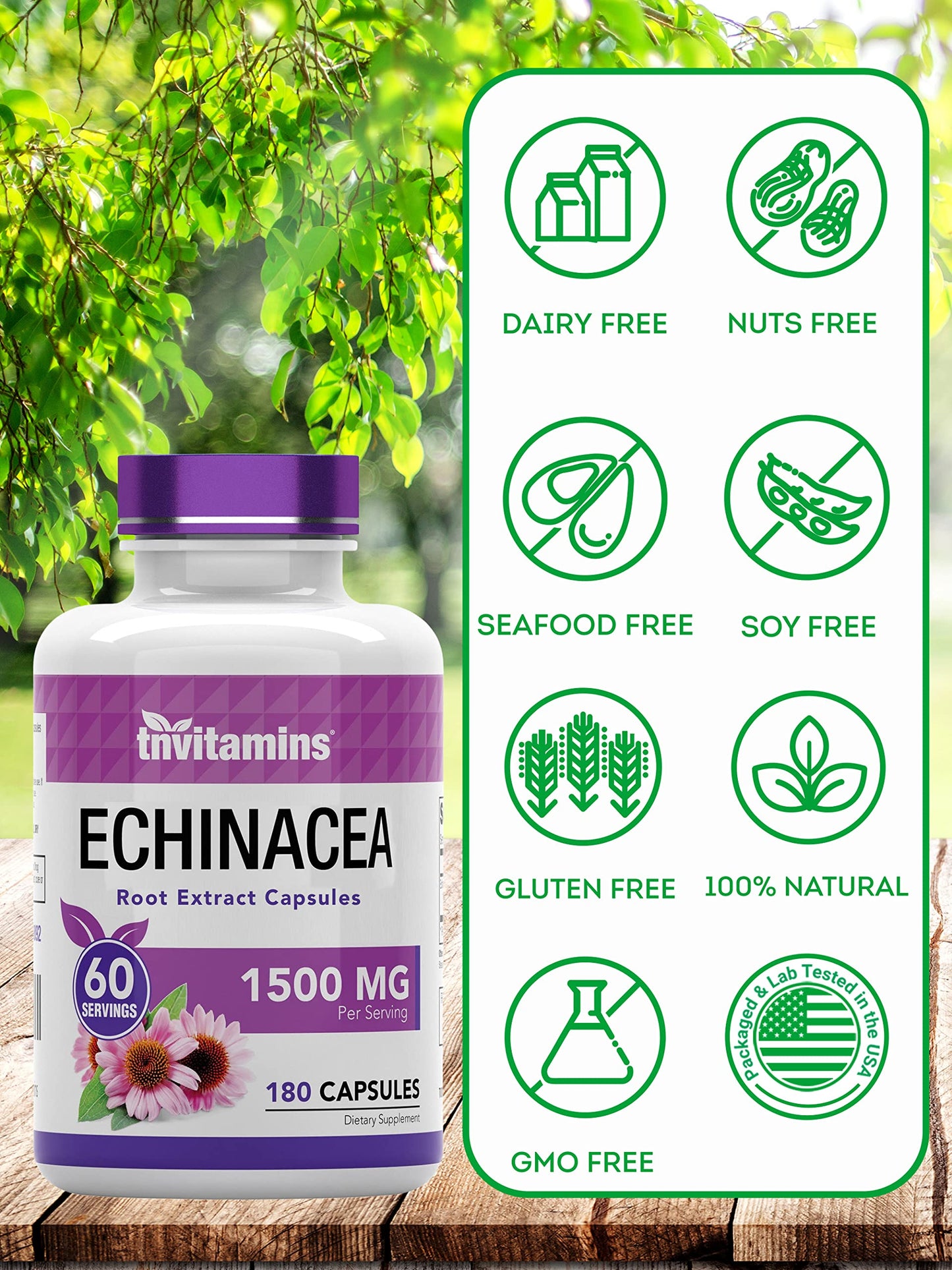 TNVitamins Echinacea Capsules | 1500 mg per Serving, 180 Capsules | USA Made | Pack of 2