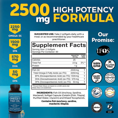 Triple Strength Omega-3 Fish Oil 2500 mg | 180 Softgels | EPA/DHA