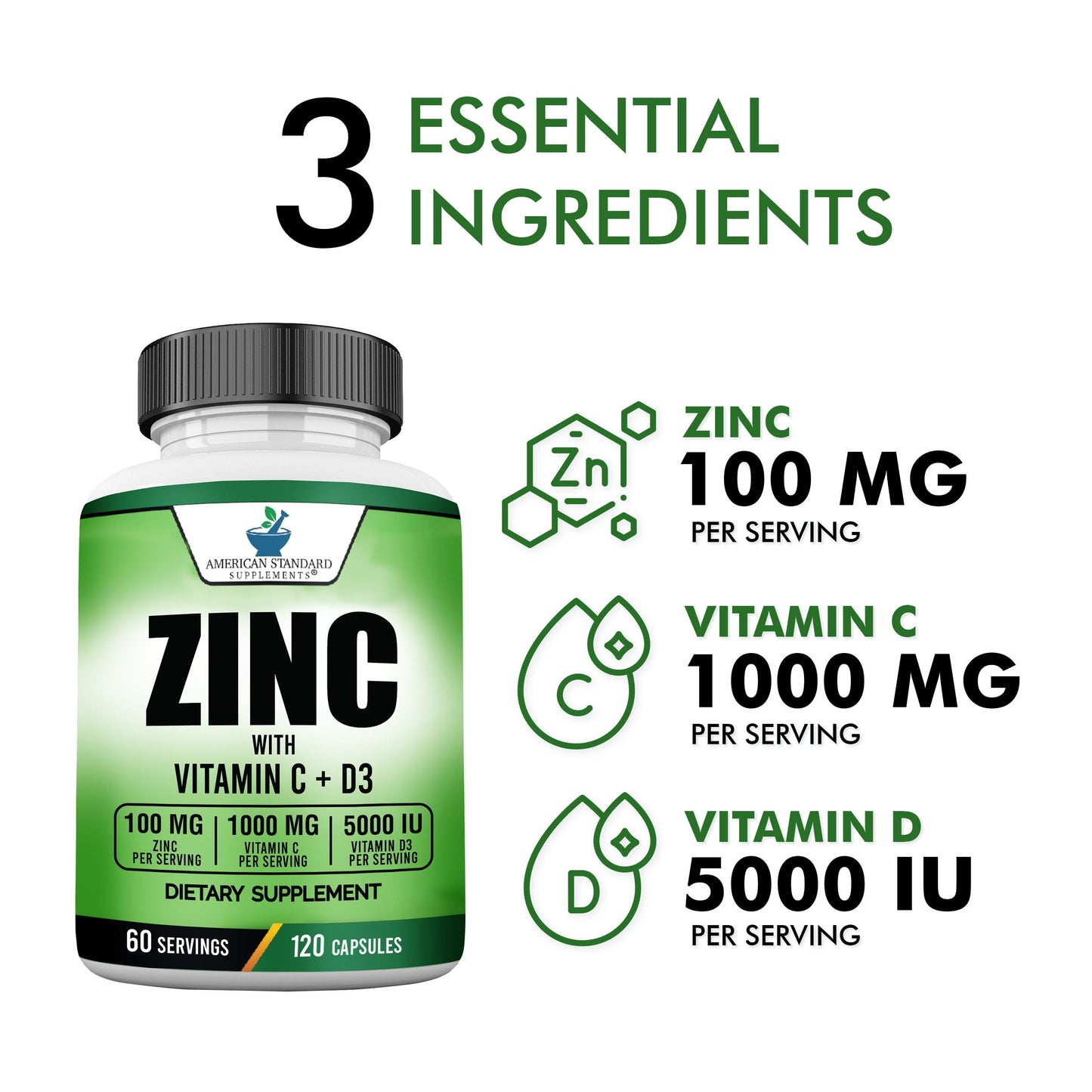 American Standard Zinc 100mg, Vitamin C 1000mg & Vitamin D3 5000 IU – 120 Capsules (Pack of 2)