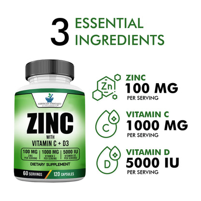 American Standard Zinc 100mg, Vitamin C 1000mg & Vitamin D3 5000 IU – 120 Capsules (Pack of 2)