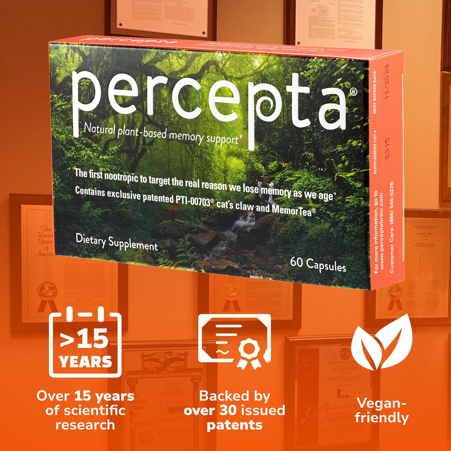 Percepta Plant-Based Memory Support – Natural Nootropic Brain Booster | 30 Day Supply