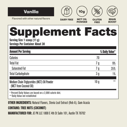 Perfect Keto 7g MCT Oil Powder Vanilla – Non-Dairy Keto Coffee Creamer, 30 Servings