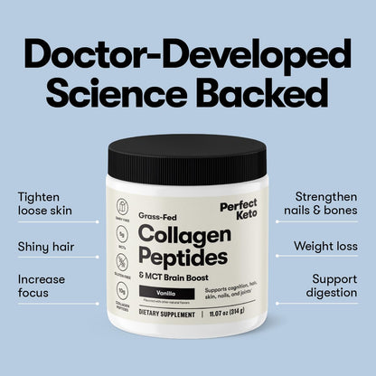 Perfect Keto Collagen Peptides with MCT Oil – Grass-Fed Type I & III, Strawberry Flavor