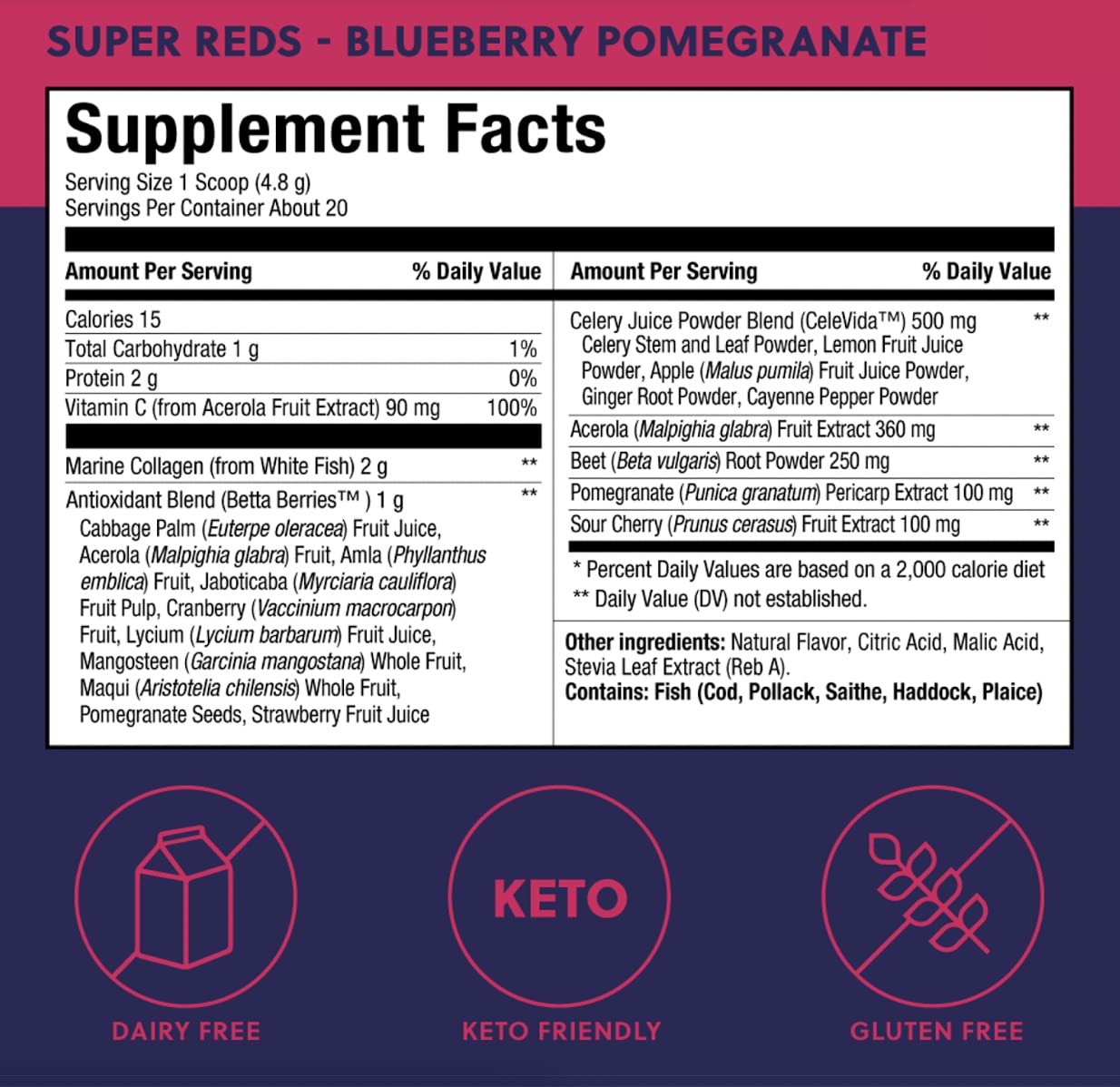 Perfect Keto Super Reds Superfood Powder – Antioxidants & Marine Collagen, 20 Servings