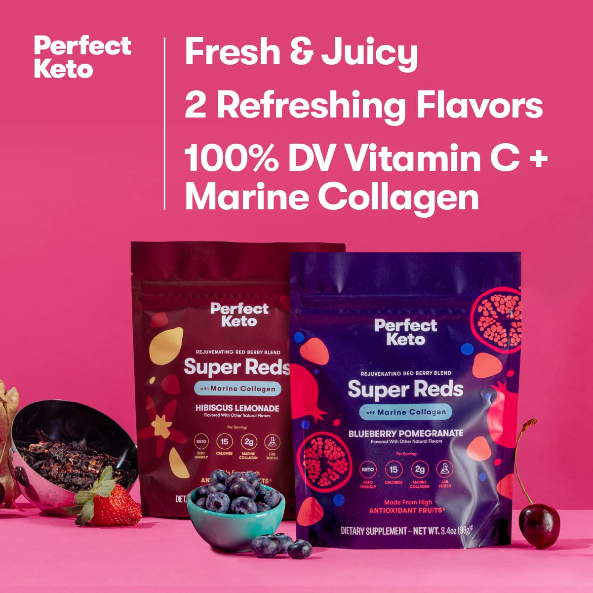 Perfect Keto Super Reds Superfood Powder – Antioxidants & Marine Collagen, 20 Servings