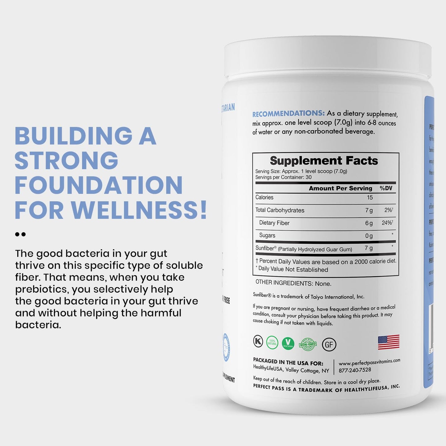 PERFECT PASS Prebiotic PHGG Powder – 210g, Natural, Gluten Free, Non-GMO, Kosher, Sugar Free