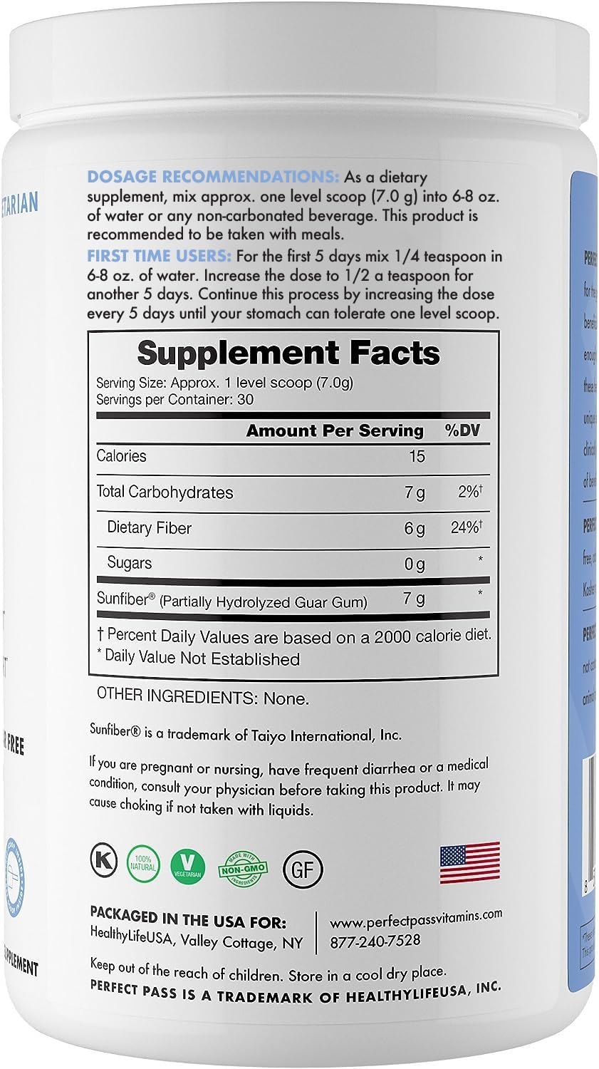 PERFECT PASS Prebiotic PHGG Powder – 210g, Natural, Gluten Free, Non-GMO, Kosher, Sugar Free