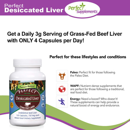 Perfect Supplements Desiccated Liver – 120 Capsules – Undefatted Beef Liver – Grass-Fed Argentinean Cattle – 2 Pack