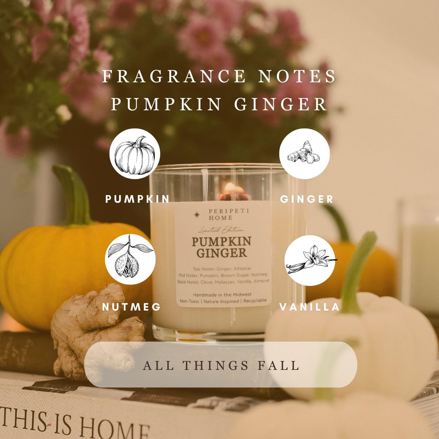 PERIPETI Home Pumpkin Ginger Scented Candle | 8.5oz Soy Wax, Cozy Fall Aromatherapy